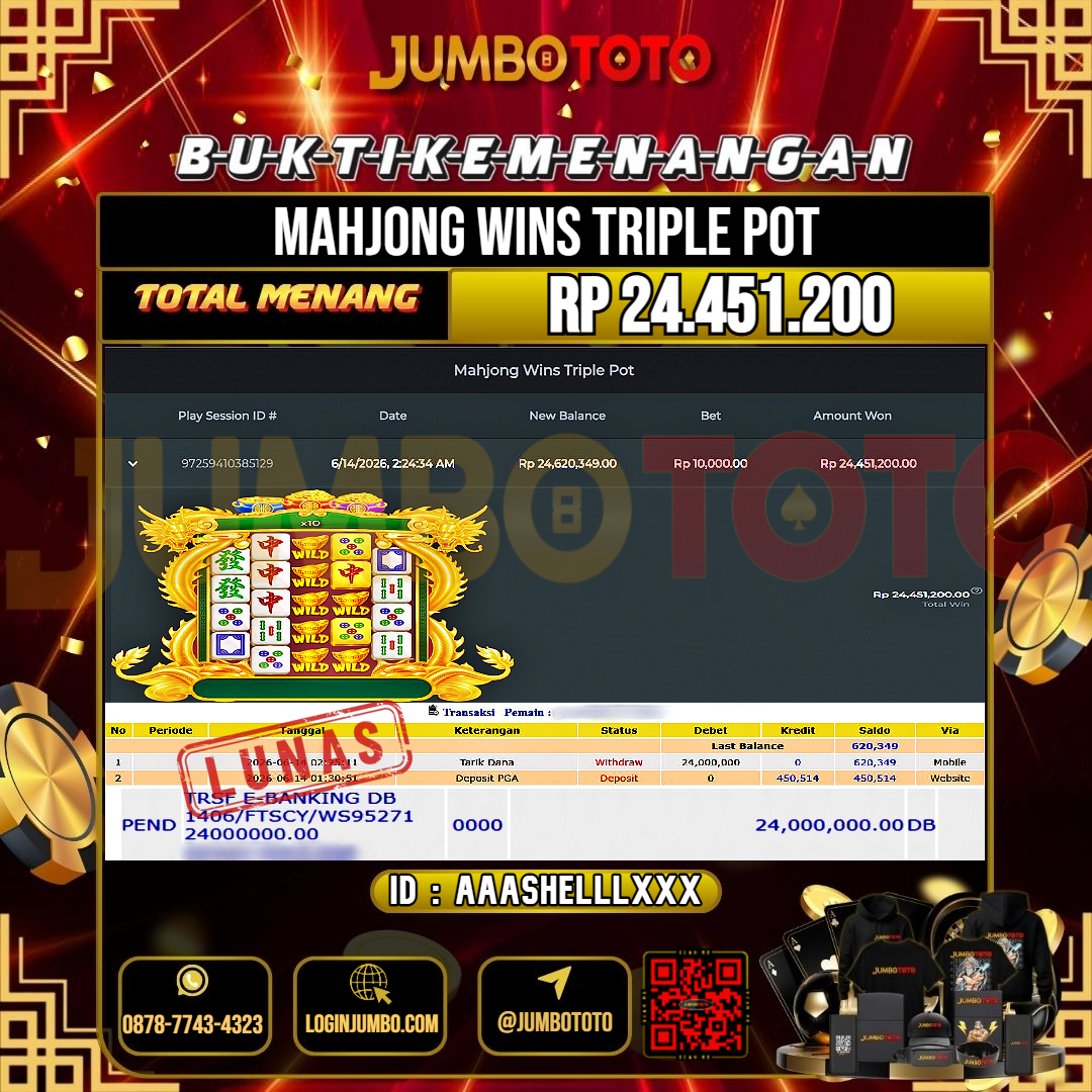 JUMBOTOTO JACKPOT SLOT SWEET MAHJONG WINS TRIPLE POT Rp.24.451.200 LUNAS USER ID : AAASHELLL***