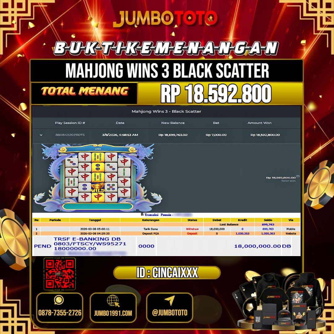 JUMBOTOTO JACKPOT SLOT MAHJONG WINS 3 BLACK SCATTER Rp.18.592.800 LUNAS USER ID : CINCAI***