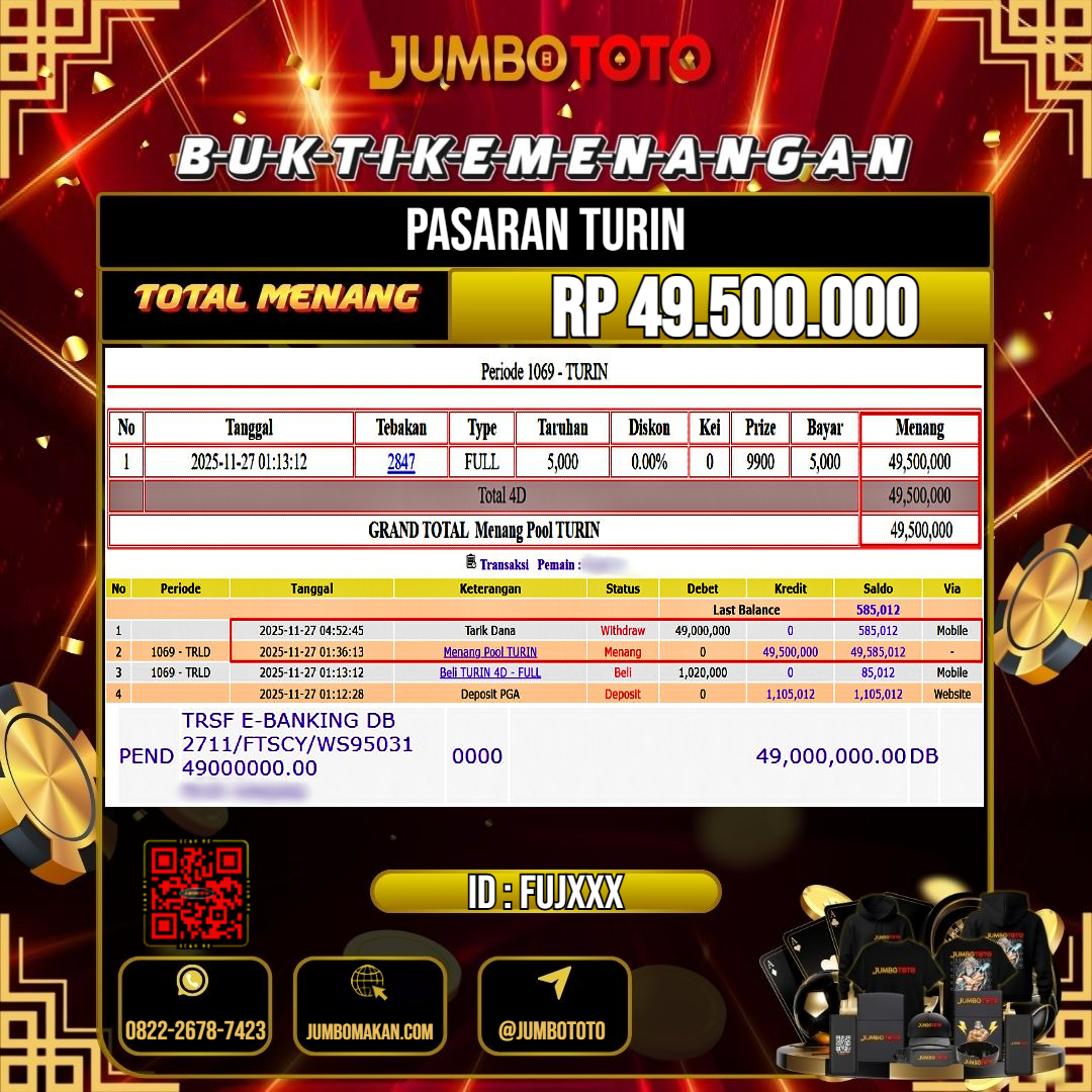 JUMBOTOTO JACKPOT TOGEL PASARAN TURIN Rp.49.500.000 LUNAS USER ID : FUJ***