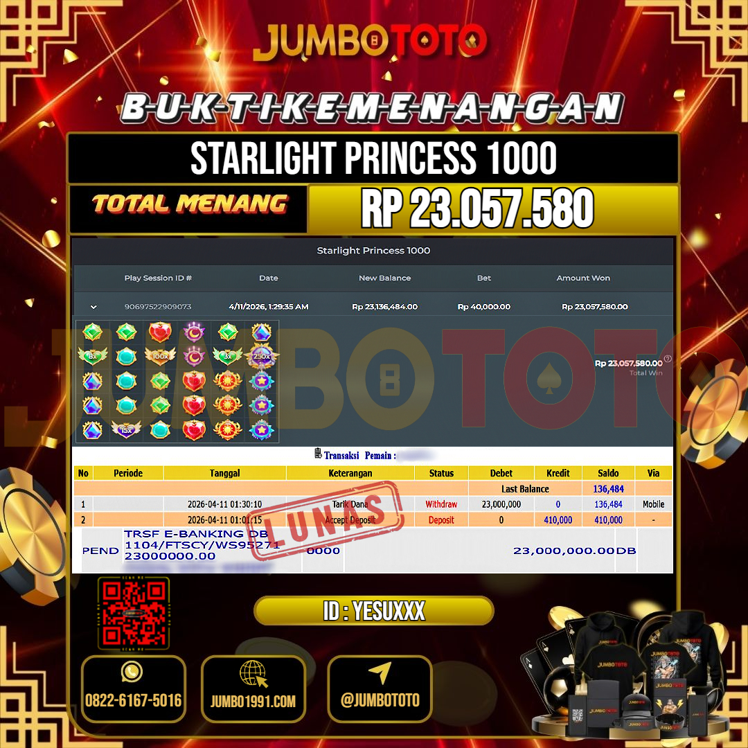 JUMBOTOTO JACKPOT SLOT STARLIGHT PRINCESS 1000 Rp.23.057.580 LUNAS USER ID : YESU***
