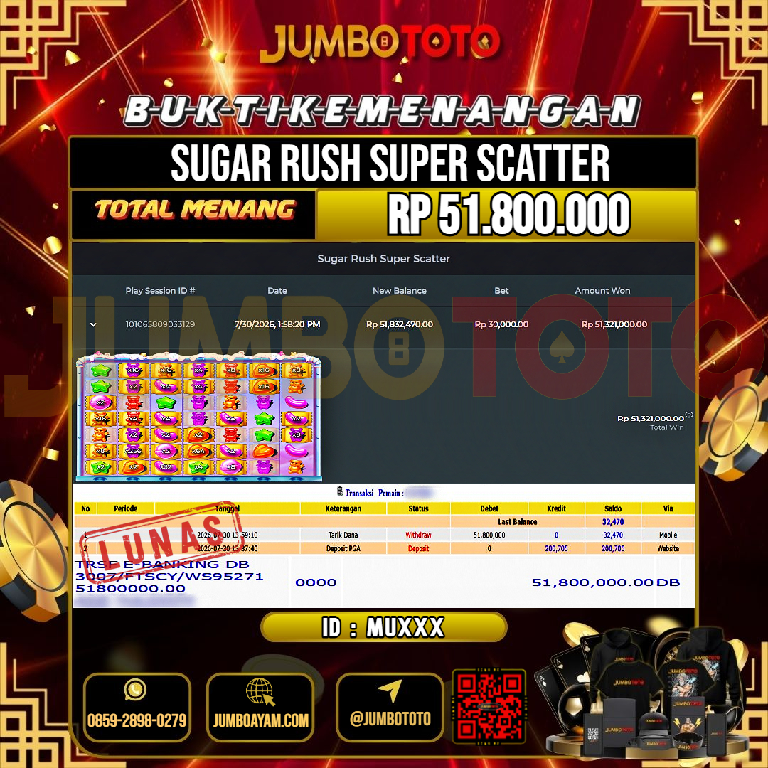JUMBOTOTO JACKPOT SLOT SUGAR RUSH SUPER SCATTER Rp.51.800.000 LUNAS USER ID : MU***