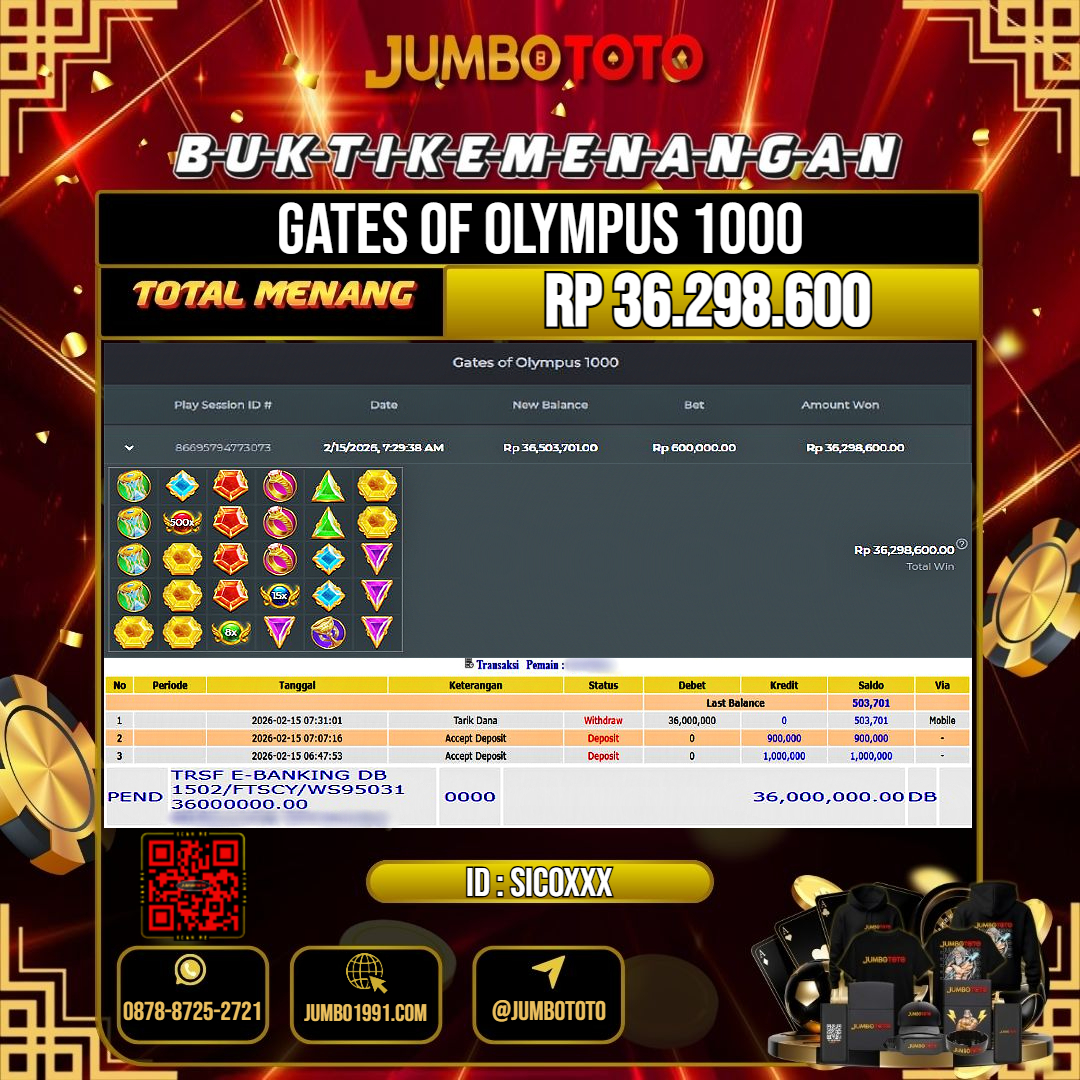 JUMBOTOTO JACKPOT SLOT GATES OF OLYMPUS 1000 Rp.36.298.600 LUNAS USER ID : SICO***