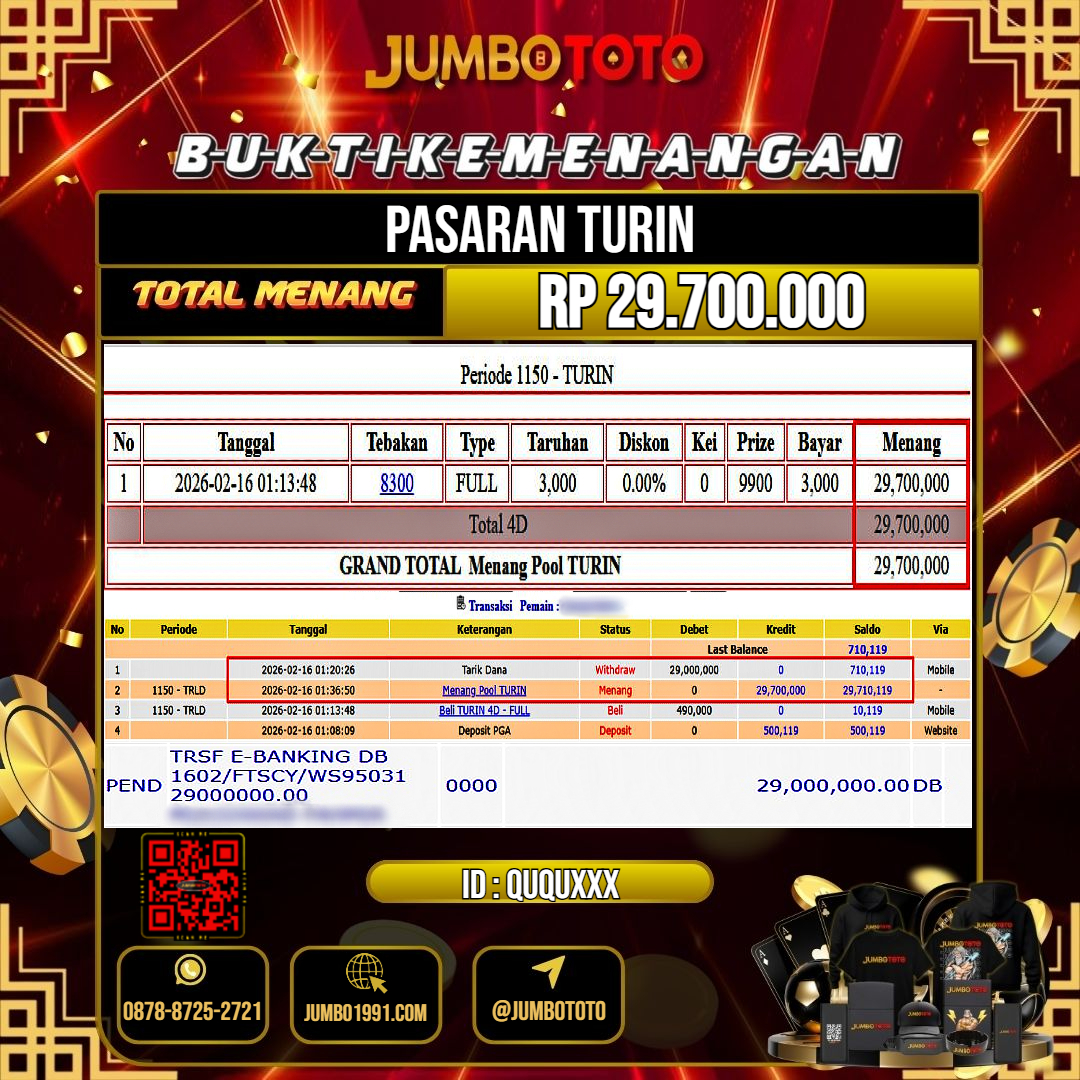 JUMBOTOTO JACKPOT TOGEL PASARAN TURIN Rp.29.700.000 LUNAS USER ID : QUQU***