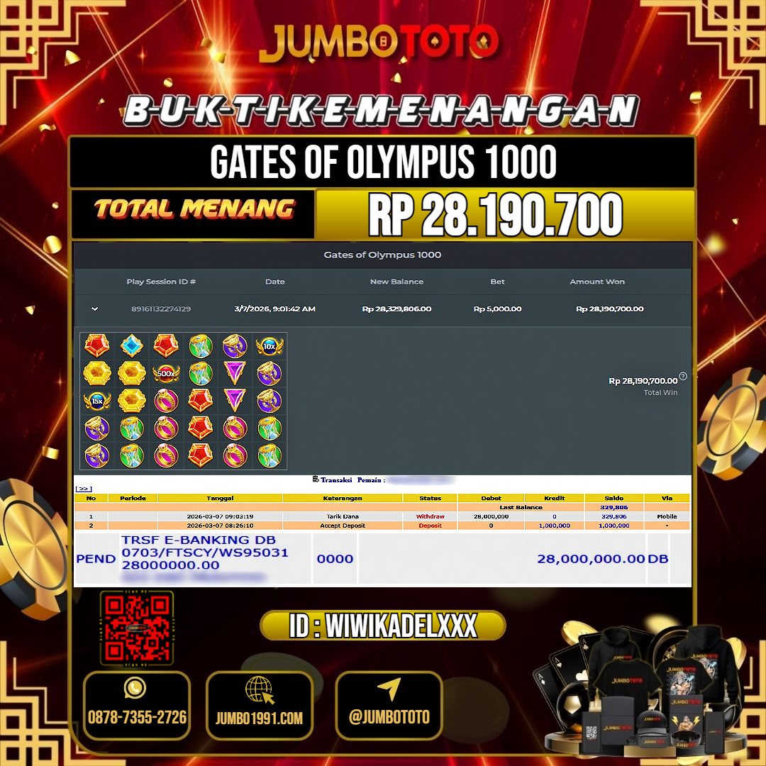 JUMBOTOTO JACKPOT SLOT GATES OF OLYMPUS 1000 Rp.28.190.700 LUNAS USER ID : WIWIKADEL***