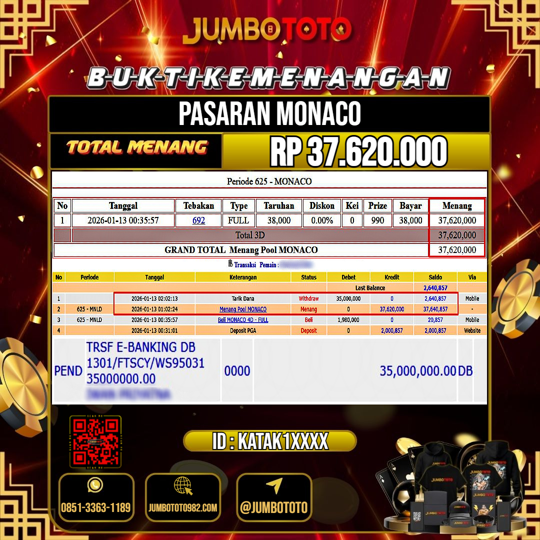 JUMBOTOTO JACKPOT TOGEL PASARAN MONACO Rp.37.620.000 LUNAS USER ID : KATAK1***