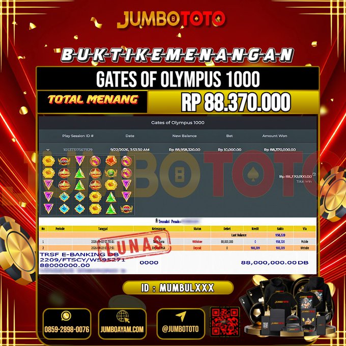 JUMBOTOTO JACKPOT SLOT GATES OF OLYMPUS 1000 Rp.88.370.000 LUNAS USER ID :  MUMBUL***