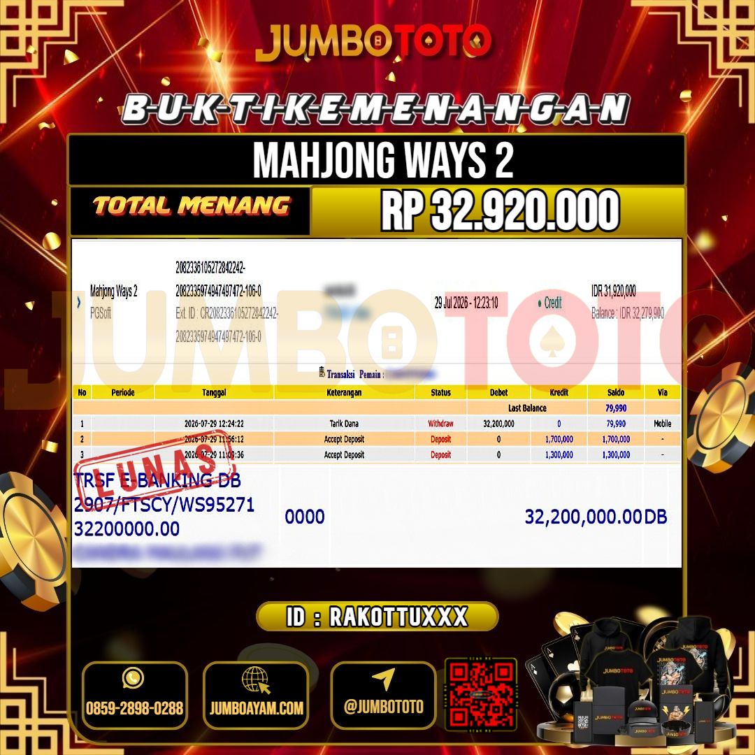 JUMBOTOTO JACKPOT SLOT MAHJONG WAYS 2 Rp.31.920.000 LUNAS USER ID : RAKITTU***