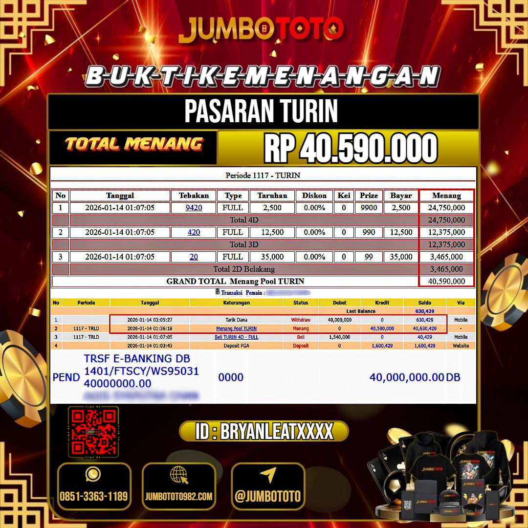 JUMBOTOTO JACKPOT TOGEL PASARAN TURIN Rp.40.590.000 LUNAS USER ID : BRYANLEAT***