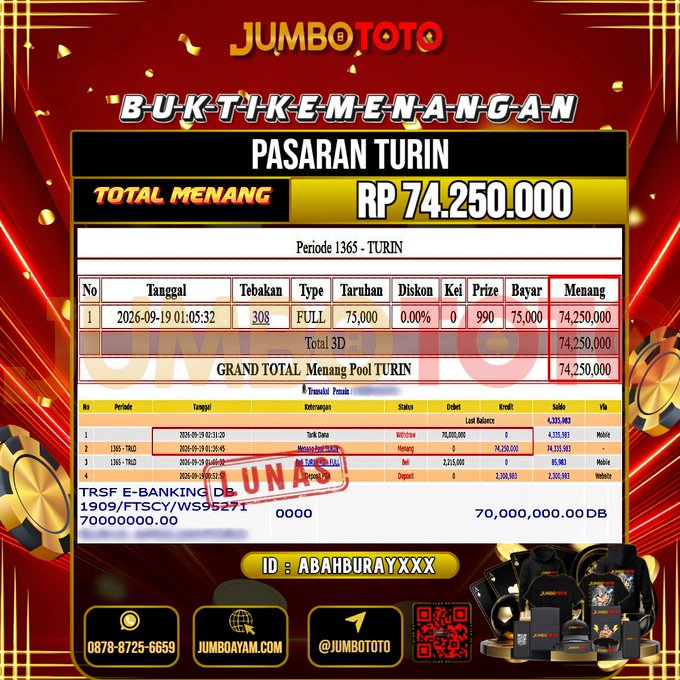 JUMBOTOTO JACKPOT TOGEL PASARAN TURIN Rp.74.250.000 LUNAS USER ID : ABAHBURAY***