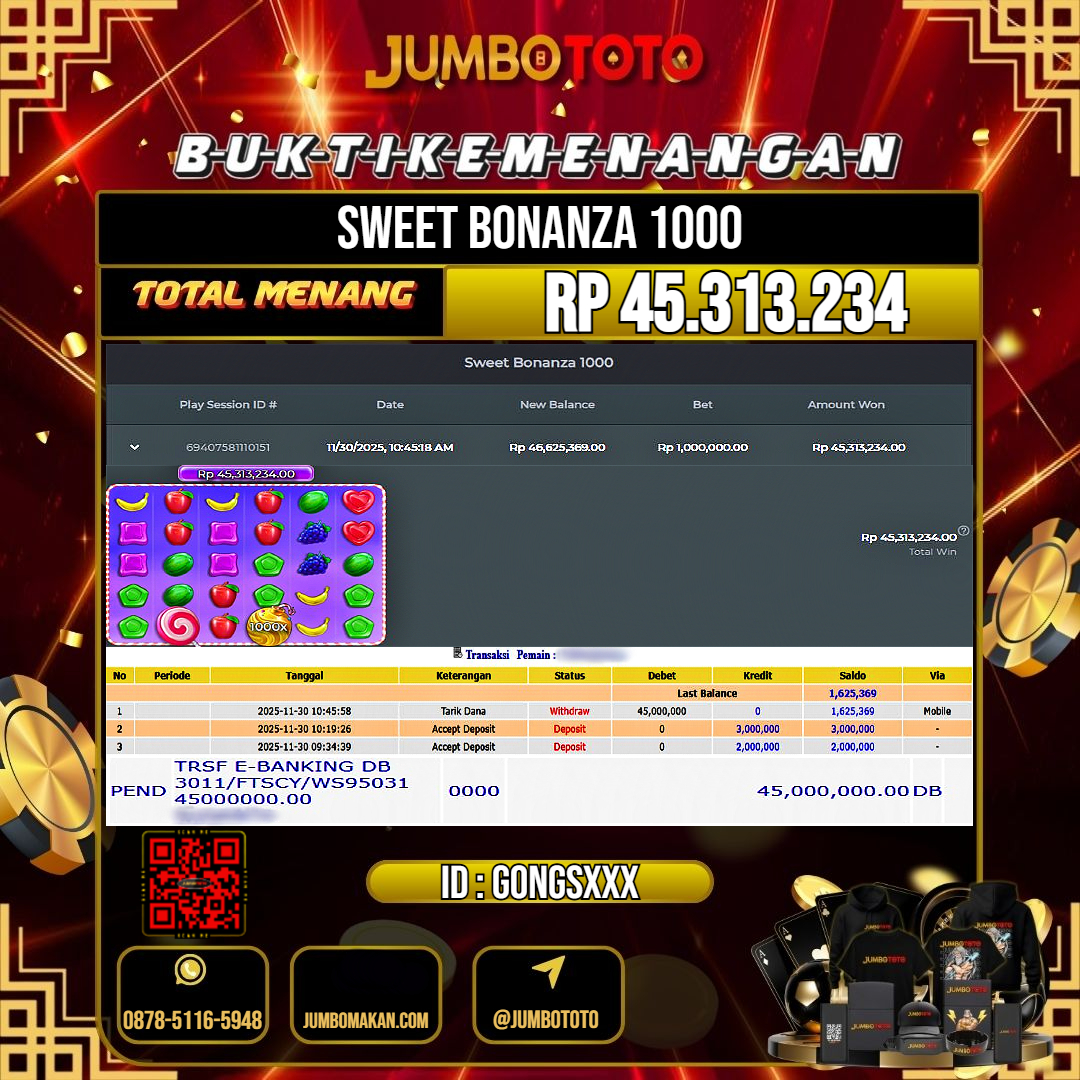JUMBOTOTO JACKPOT SLOT SWEET BONANZA 1000 Rp.45.313.234 LUNAS USER ID : GONGS***