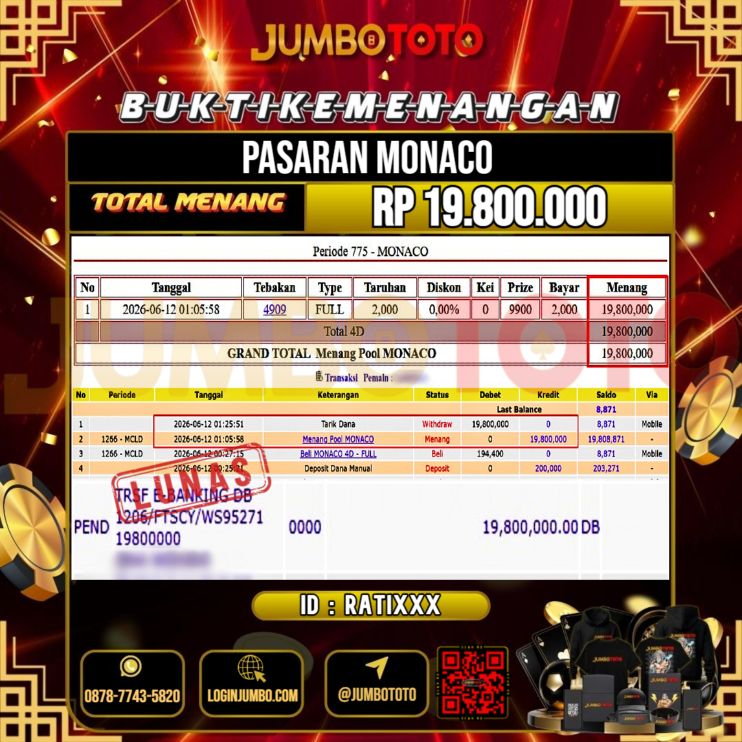 JUMBOTOTO JACKPOT TOGEL PASARAN MONACO Rp.19.800.000 LUNAS USER ID : RATI***