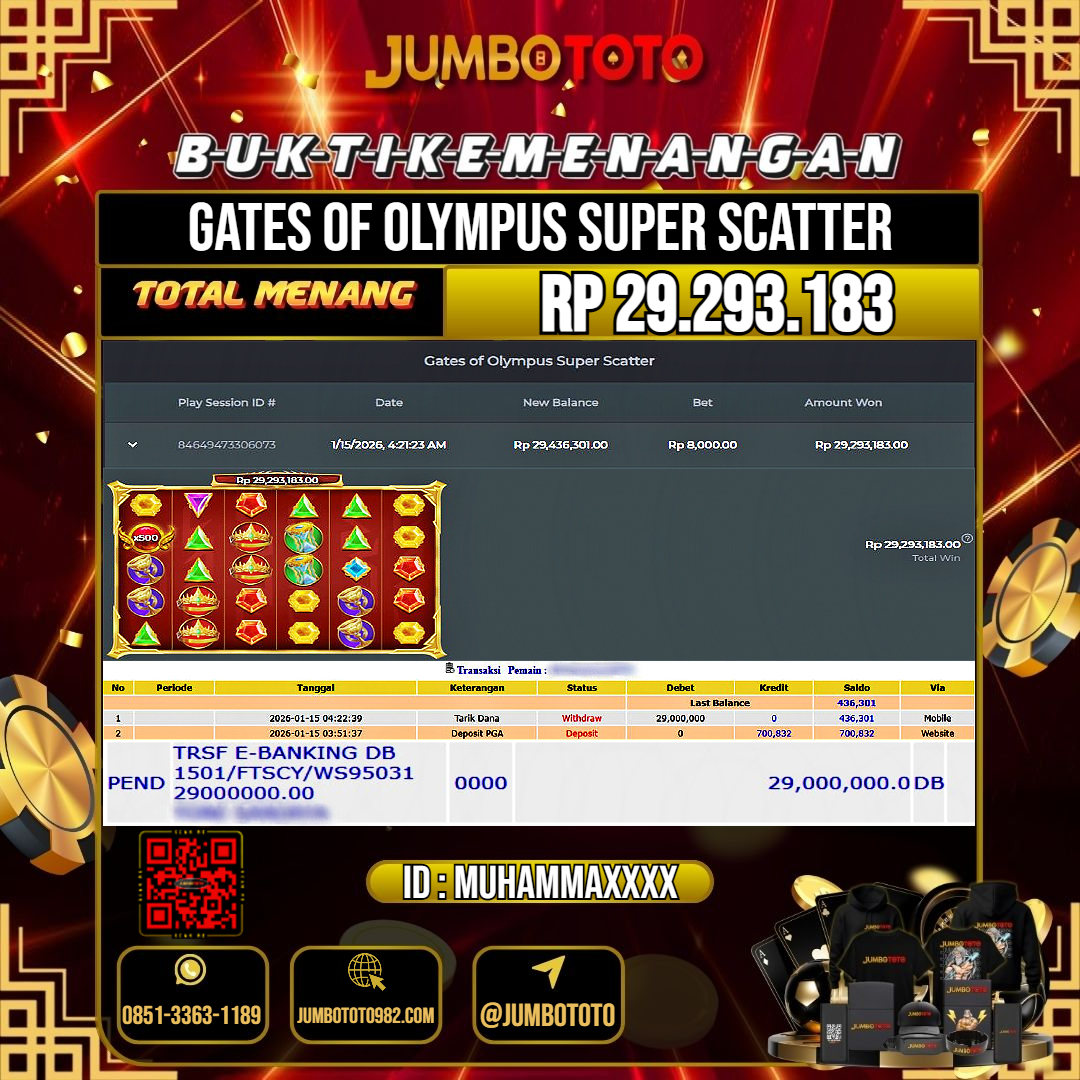JUMBOTOTO JACKPOT SLOT GATES OF OLYMPUS SUPER SCATTER Rp.29.293.183 LUNAS USER ID : MUHAMMA***