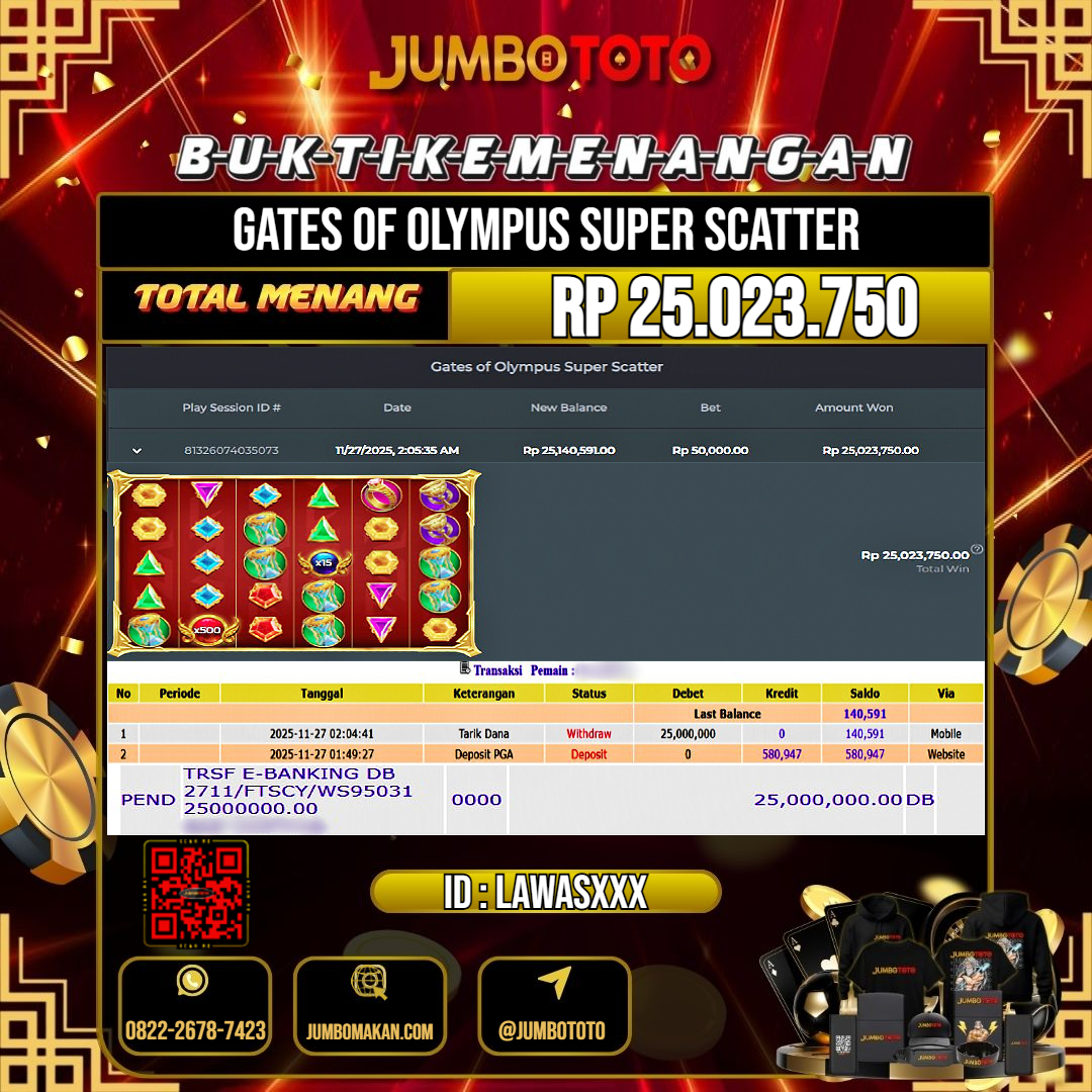JUMBOTOTO JACKPOT SLOT GATES OF OLYMPUS SUPER SCATTER Rp.25.023.750 LUNAS USER ID : LAWAS***
