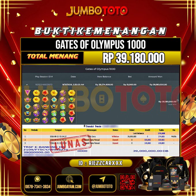 JUMBOTOTO JACKPOT SLOT GATES OF OLYMPUS 1000 Rp.39.180.000 LUNAS USER ID : RIEZZCAR***