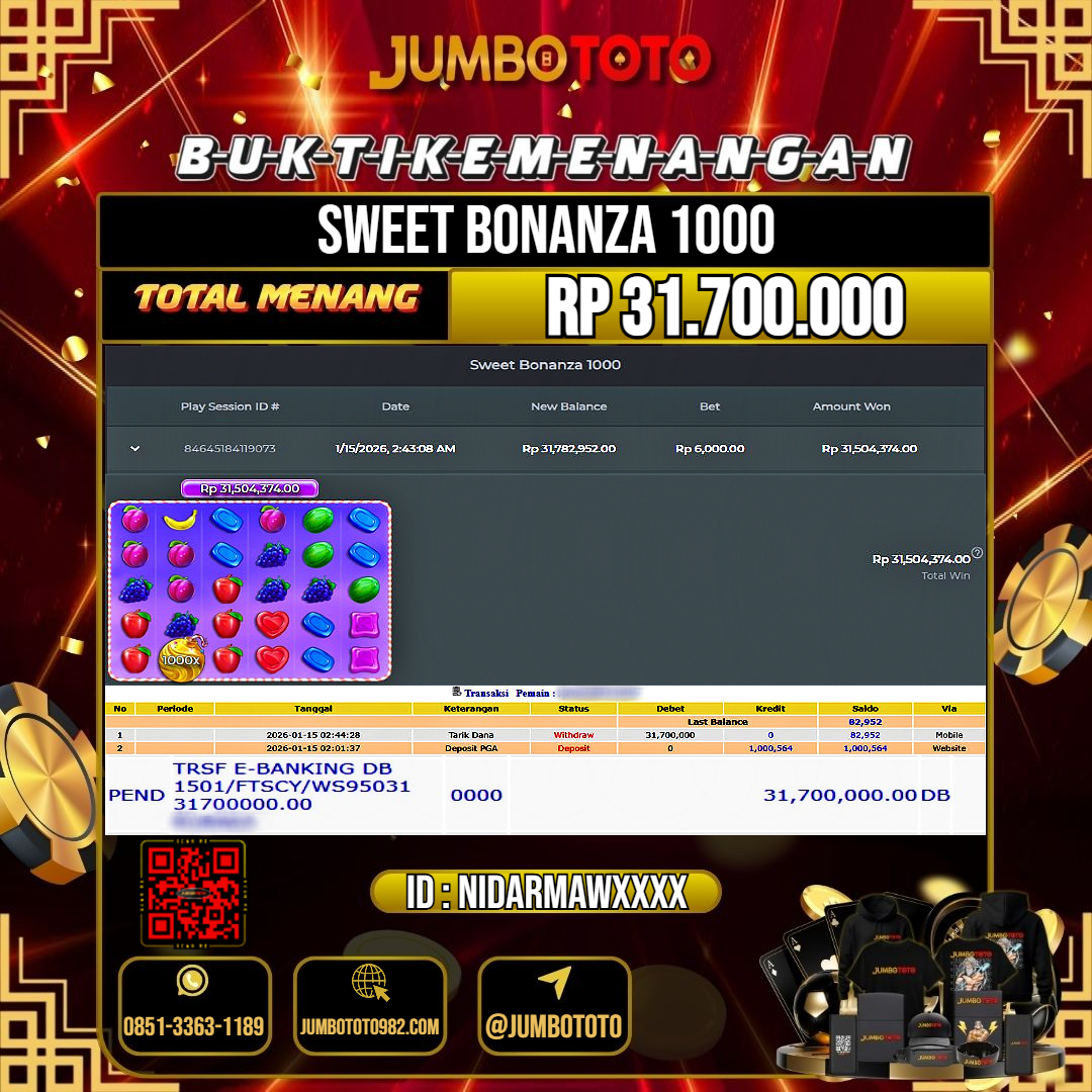 JUMBOTOTO JACKPOT SLOT SWEET BONANZA 1000  Rp.31.700.000 LUNAS USER ID : NIDARMAW***
