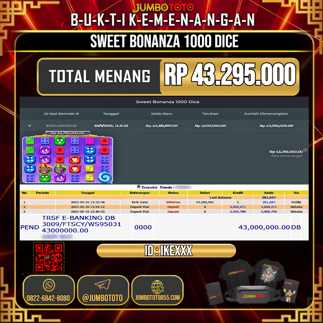 JUMBOTOTO JACKPOT SLOT SWEET BONANZA 1000 DICE Rp.43.295.000 LUNAS USER ID : IKE***