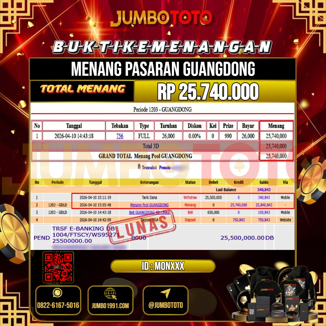 JUMBOTOTO JACKPOT TOGEL PASARAN GUANGDONG Rp.25.740.000 LUNAS USER ID : MON***