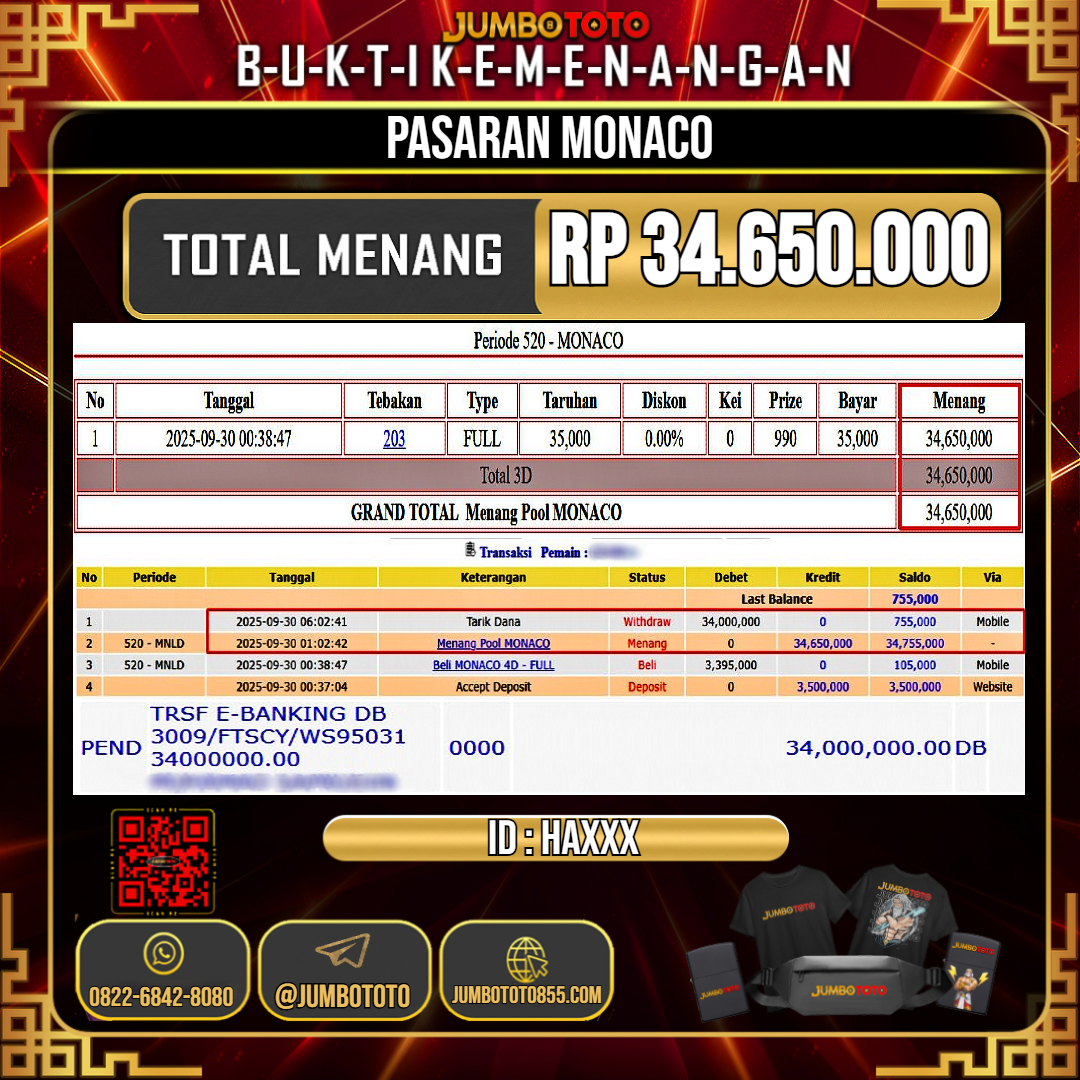 JUMBOTOTO JACKPOT TOGEL PASARAN MONACO Rp.34.650.000 LUNAS USER ID : HA***
