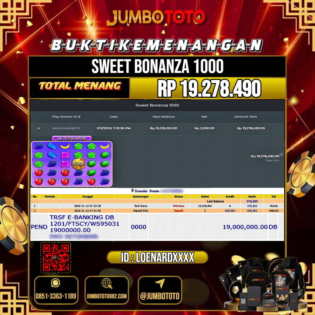JUMBOTOTO JACKPOT SLOT SWEET BONANZA 1000 Rp.19.278.490 LUNAS USER ID : LOENARD***