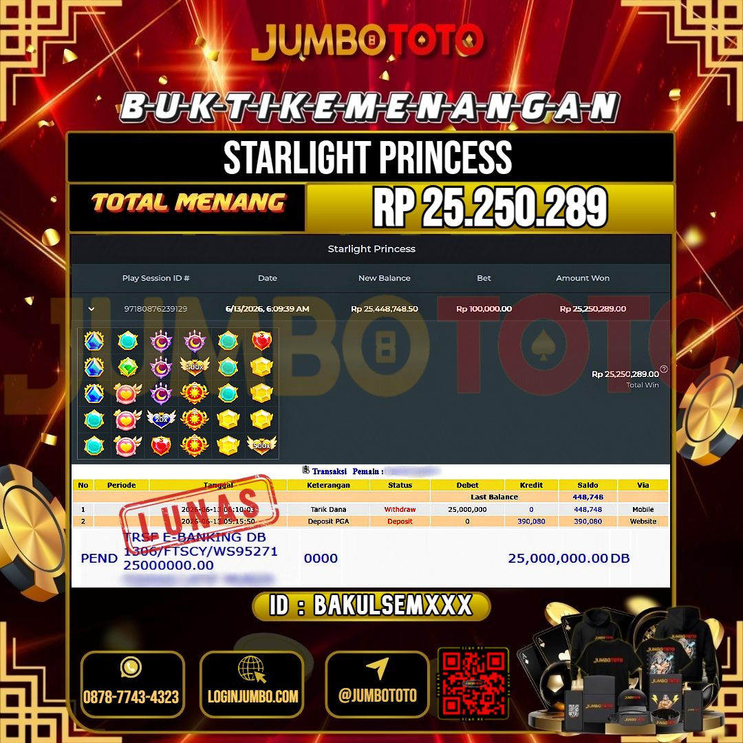 JUMBOTOTO JACKPOT SLOT STARLIGHT PRINCESS Rp.25.250.289 LUNAS USER ID : BAKULSEM***