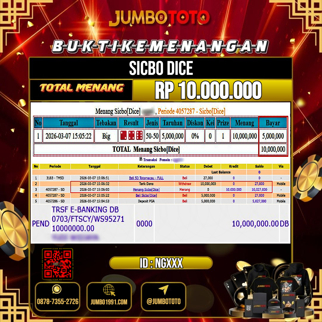 JUMBOTOTO JACKPOT LIVE GAMES SICBO DICE Rp.10.000.000 LUNAS USER ID : NG***