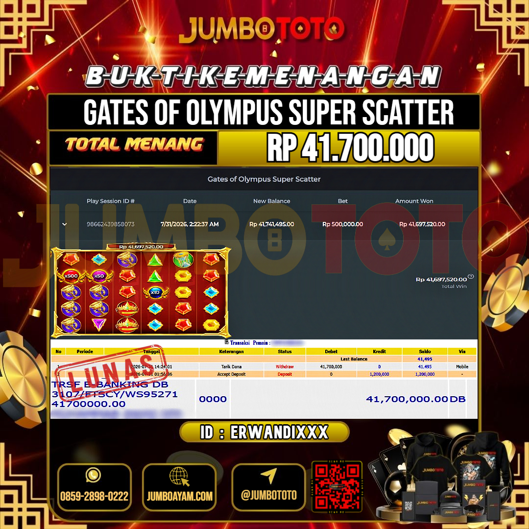 JUMBOTOTO JACKPOT SLOT GATES OF OLYMPUS SUPER SCATTER Rp.41.700.000 LUNAS USER ID : ERWANDI***