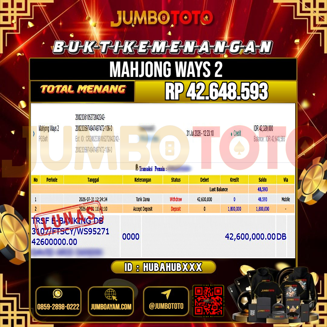 JUMBOTOTO JACKPOT SLOT MAHJONG WAYS 2 Rp.42.648.593 LUNAS USER ID : HUBAHUB***