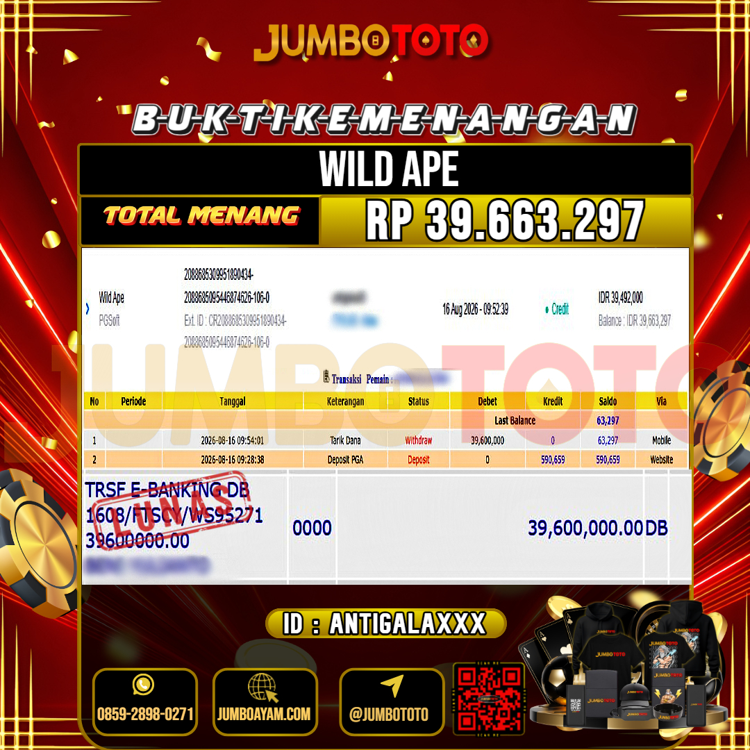 JUMBOTOTO JACKPOT SLOT WILD APE Rp.39.663.297 LUNAS USER ID : ANTIGALA***