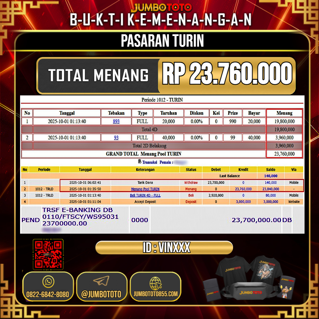 JUMBOTOTO JACKPOT TOGEL PASARAN TURIN Rp.23.760.000 LUNAS USER ID : VIN***