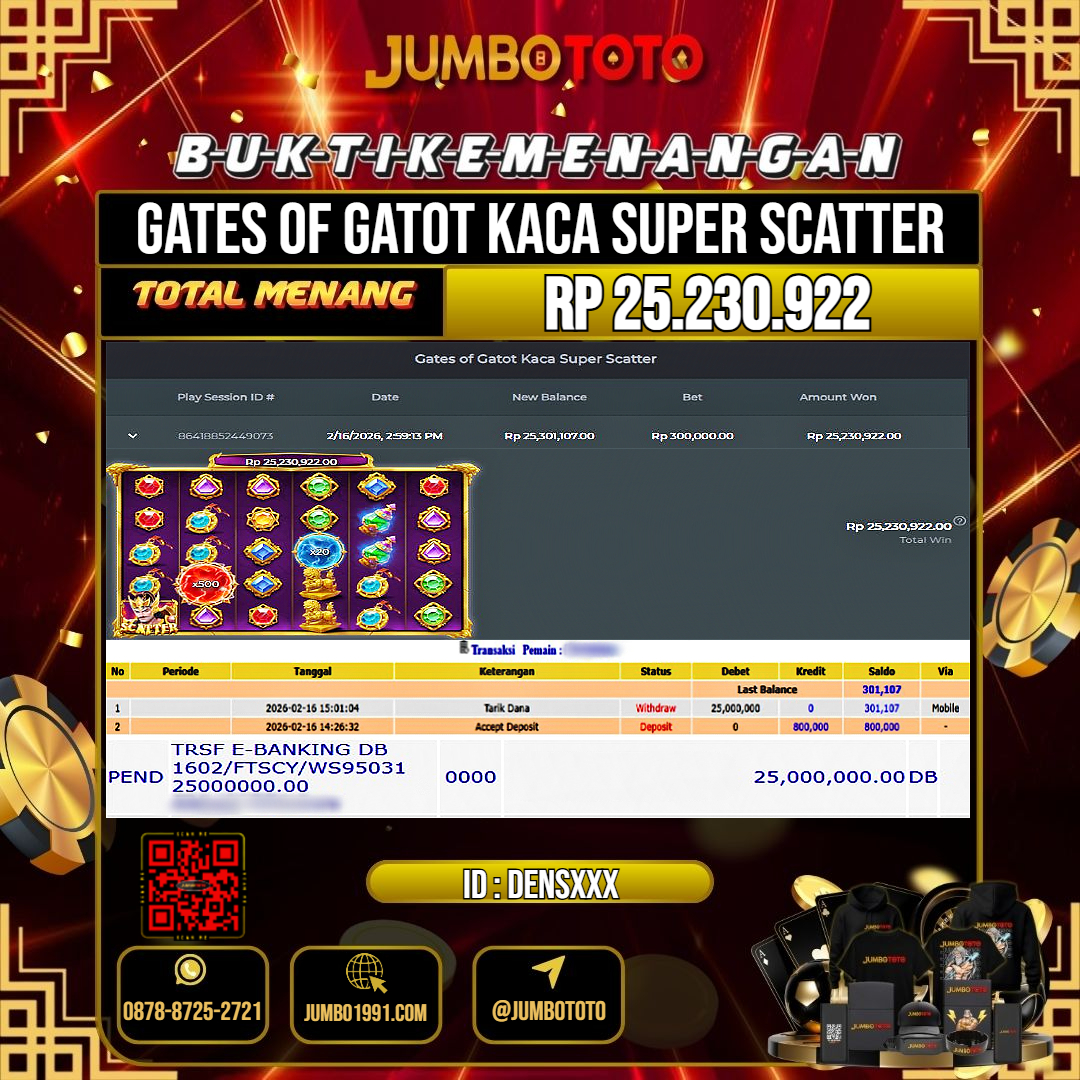 JUMBOTOTO JACKPOT SLOT GATES OF GATOT KACA SUPER SCATTER Rp.25.230.922 LUNAS USER ID : DENS***