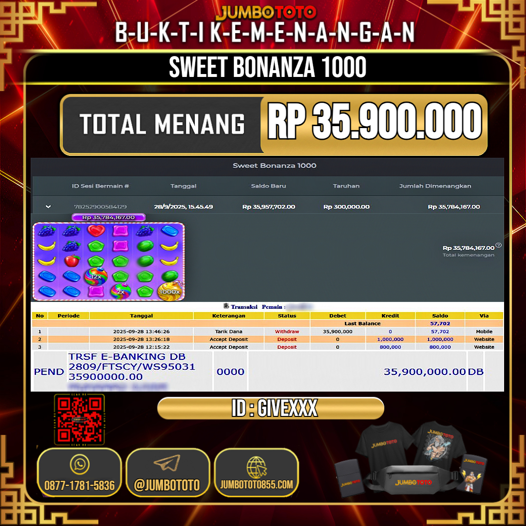 JUMBOTOTO JACKPOT SLOT SWEET BONANZA 1000 Rp.35.900.000 LUNAS USER ID : GIVE***