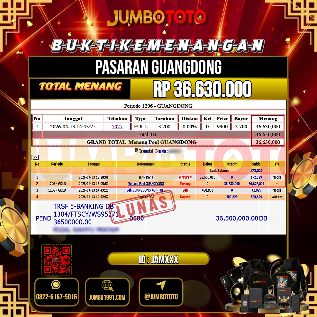 JUMBOTOTO JACKPOT TOGEL PASARAN GUANGDONG Rp.36.630.000 LUNAS USER ID : JAM***