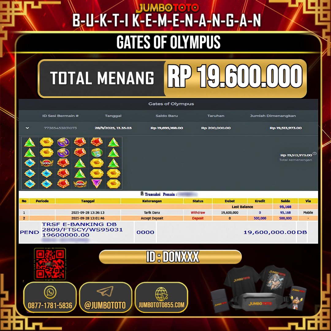 JUMBOTOTO JACKPOT SLOT GATES OF OLYMPUS Rp.19.600.000 LUNAS USER ID : DON***