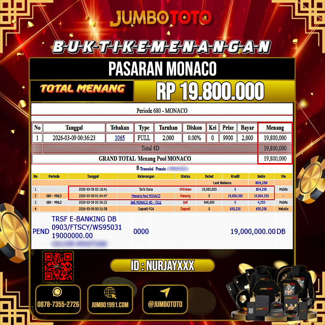 JUMBOTOTO JACKPOT TOGEL PASARAN MONACO Rp.19.800.000 LUNAS USER ID : NURJAY***