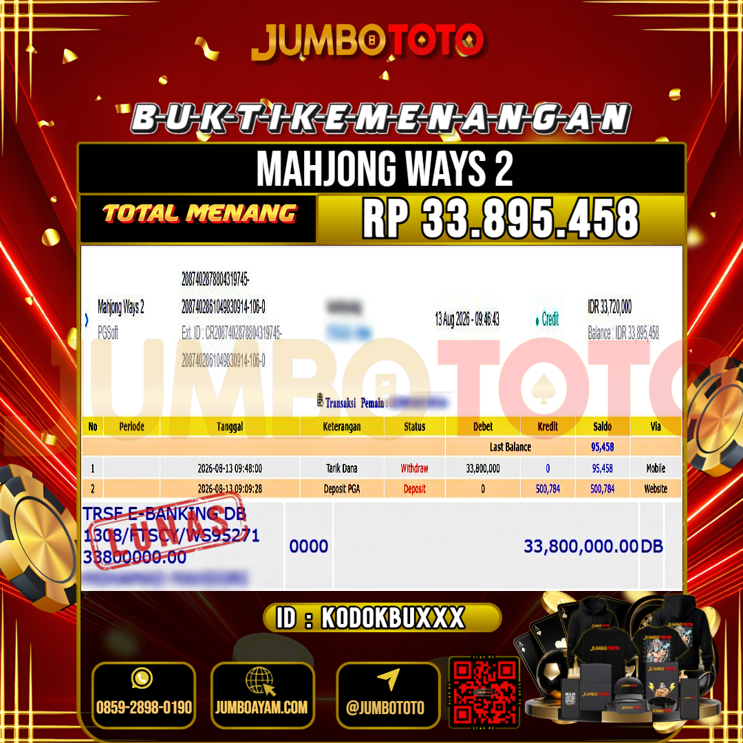 JUMBOTOTO JACKPOT SLOT MAHJONG WAYS 2 Rp.33.895.458 LUNAS USER ID : KODOKBU***