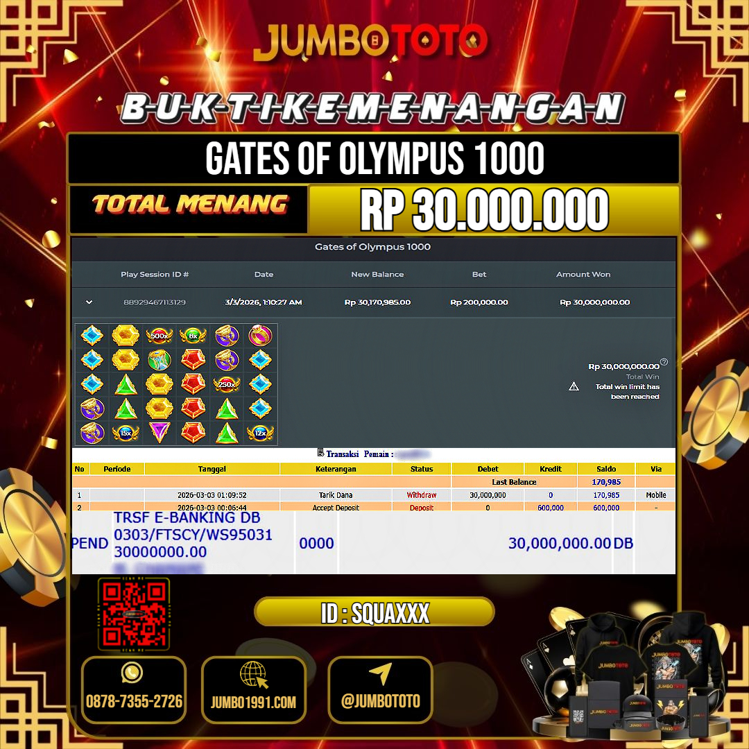 JUMBOTOTO JACKPOT SLOT GATES OF OLYMPUS 1000 Rp.30.000.000 LUNAS USER ID : SQUAD***