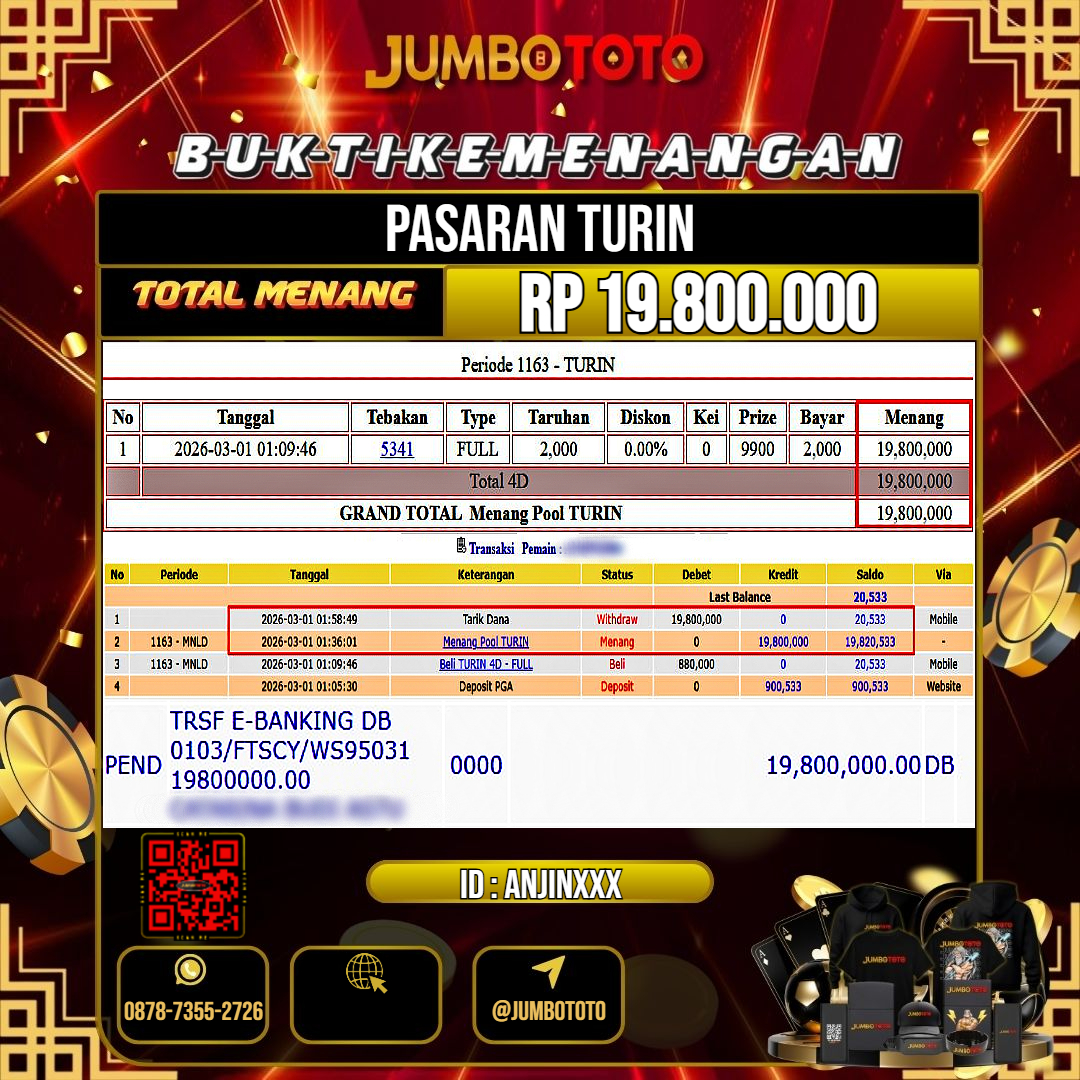 JUMBOTOTO JACKPOT TOGEL PASARAN TURIN Rp.19.800.000 LUNAS USER ID : ANJIN***