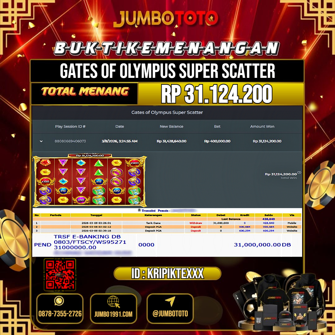 JUMBOTOTO JACKPOT SLOT GATES OF OLYMPUS SUPER SCATTER Rp.31.124.200 LUNAS USER ID : KRIPIKTE***