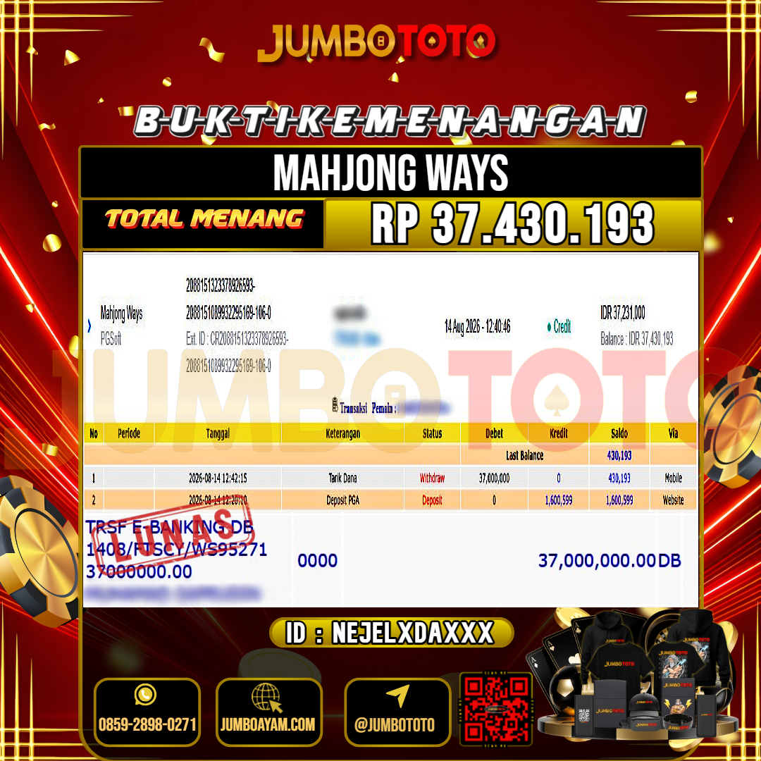 JUMBOTOTO JACKPOT SLOT MAHJONG WAYS Rp.37.430.193 LUNAS USER ID : NEJELXDA***