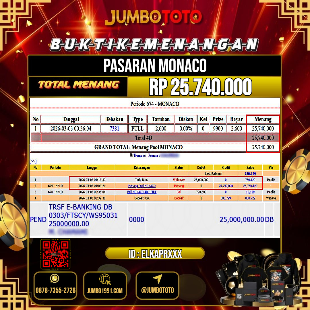 JUMBOTOTO JACKPOT TOGEL PASARAN MONACO Rp.25.740.000 LUNAS USER ID : ELKAPR***