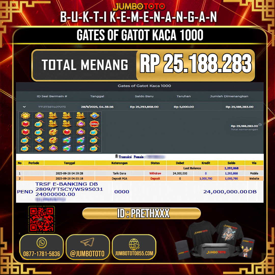 JUMBOTOTO JACKPOT SLOT GATES OF GATOT KACA 1000 Rp.25.188.283 LUNAS USER ID : PRETH***