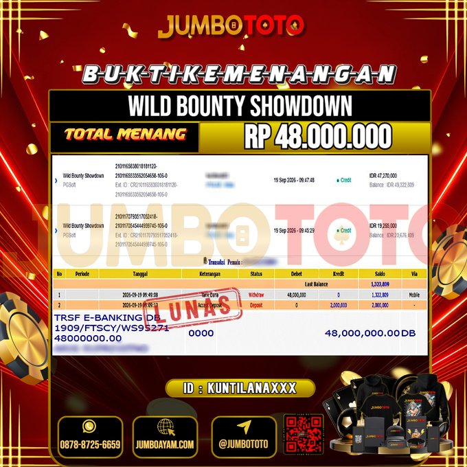 JUMBOTOTO JACKPOT SLOT WILD BOUNTY SHOWDOWN Rp.48.000.000 LUNAS USER ID : KUNTILANA***