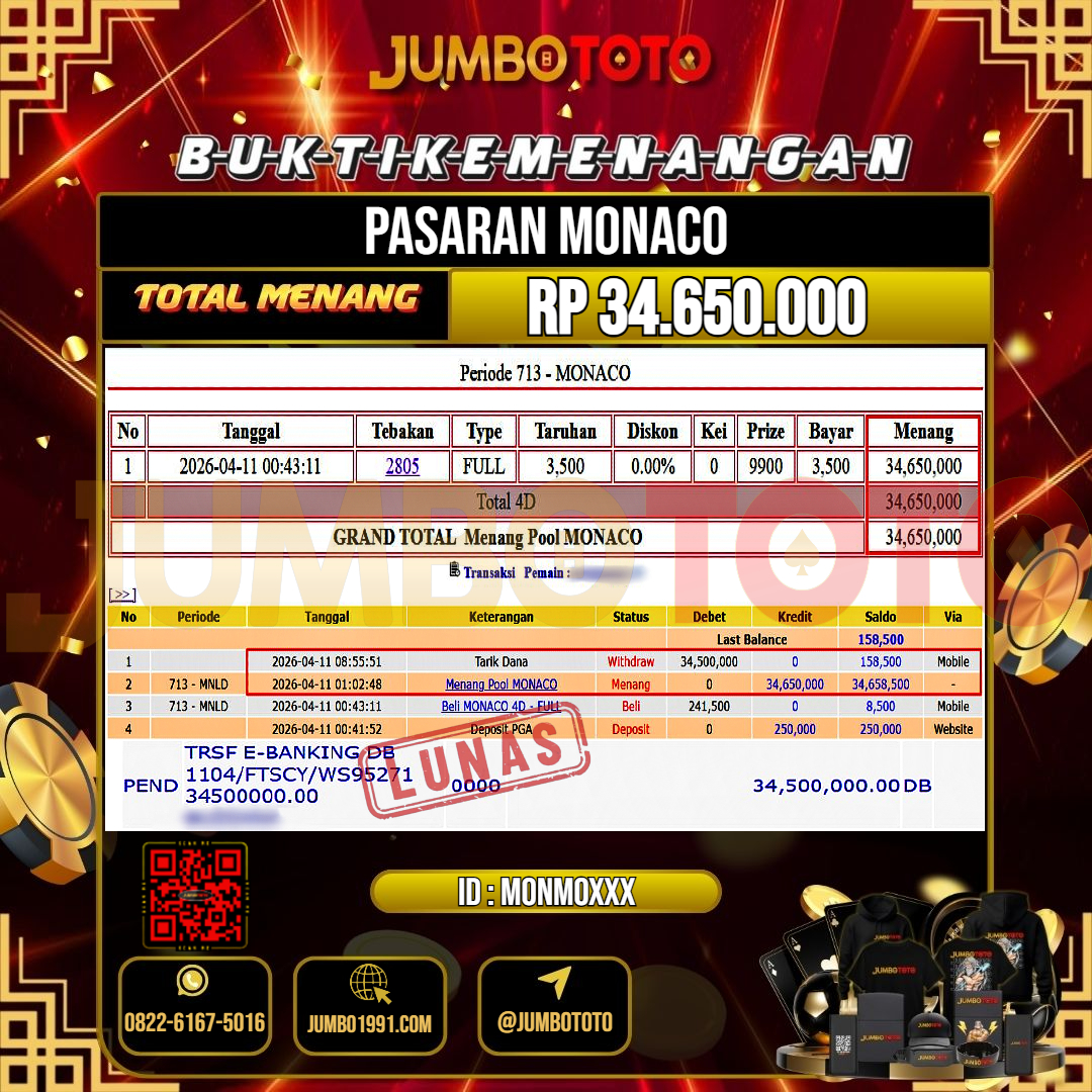 JUMBOTOTO JACKPOT TOGEL PASARAN MONACO Rp.34.650.000 LUNAS USER ID : MONMO***