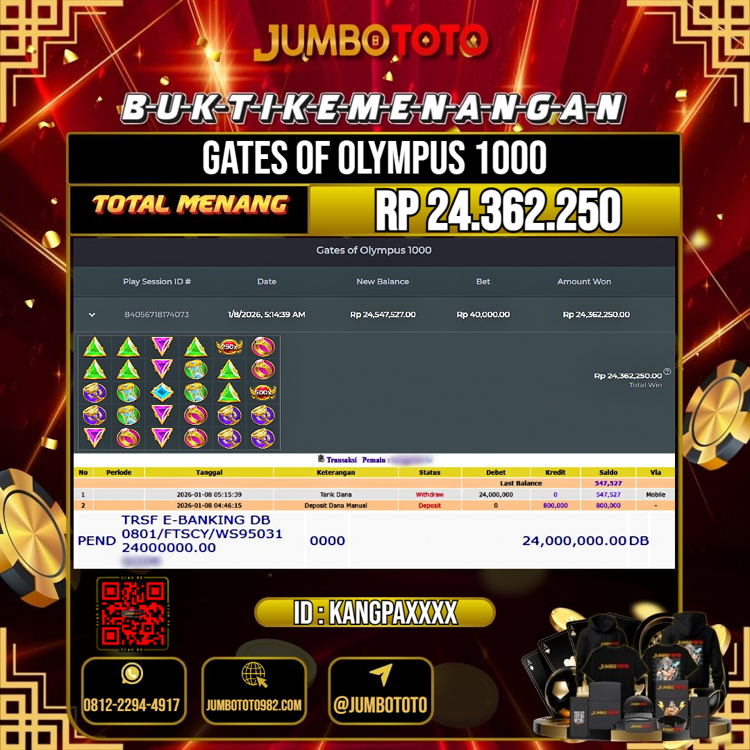 JUMBOTOTO JACKPOT SLOT GATES OF OLYMPUS 1000 Rp.24.362.250 LUNAS USER ID : KANGPA***