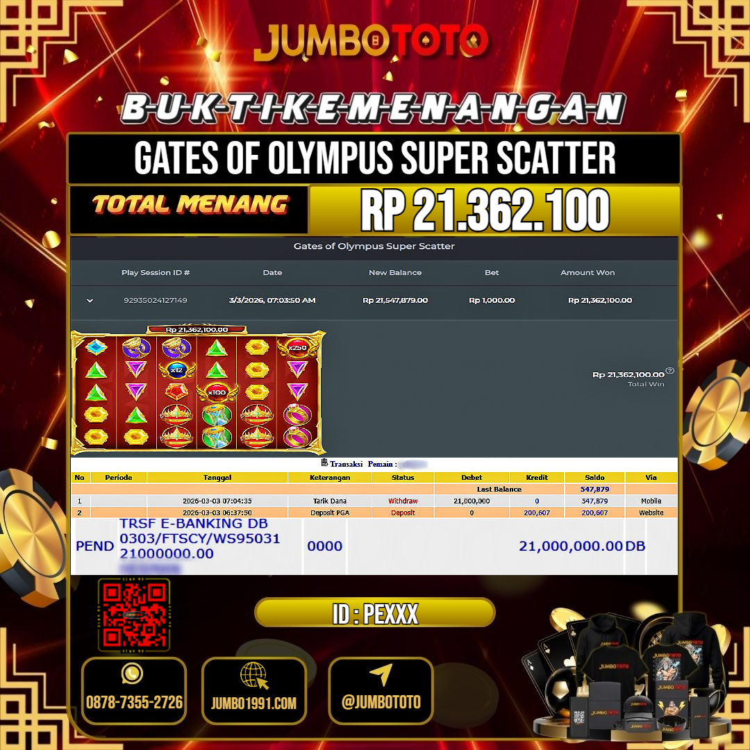 JUMBOTOTO JACKPOT SLOT GATES OF OLYMPUS SUPER SCATTER Rp.21.362.100 LUNAS USER ID : PE***