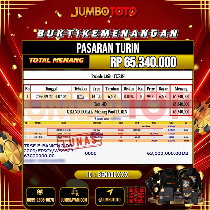 JUMBOTOTO JACKPOT TOGEL PASARAN TURIN Rp.65.340.000 LUNAS USER ID : BENDOL***