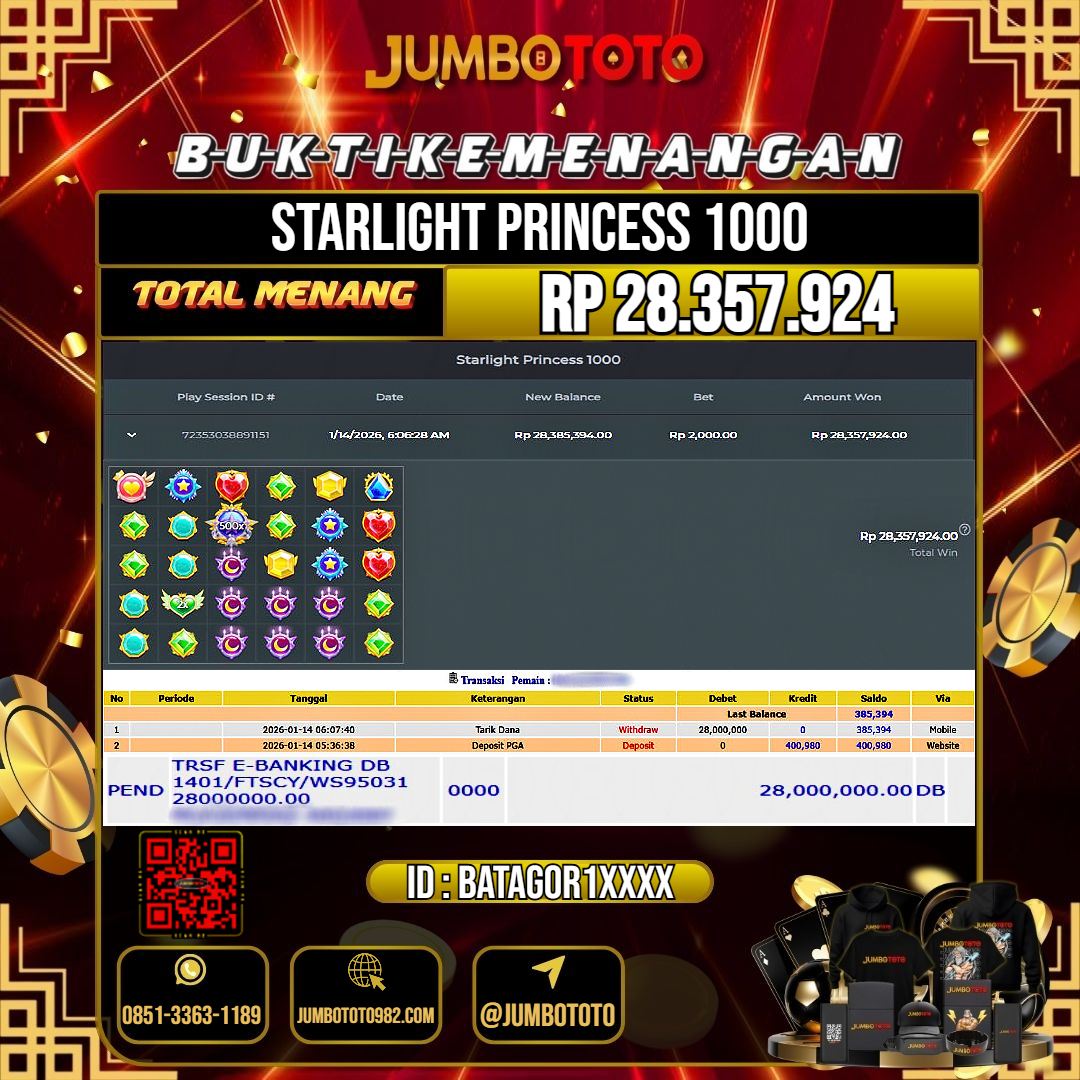 JUMBOTOTO JACKPOT SLOT STARLIGHT PRINCESS 1000 Rp.28.357.924 LUNAS USER ID : BATAGOR1***