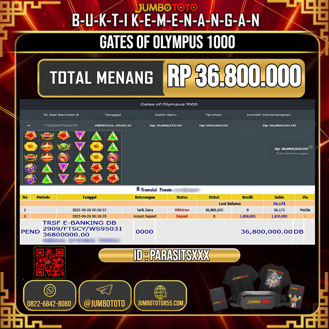 JUMBOTOTO JACKPOT SLOT GATES OF OLYMPUS 1000 Rp.36.800.000 LUNAS USER ID : PARASITS***