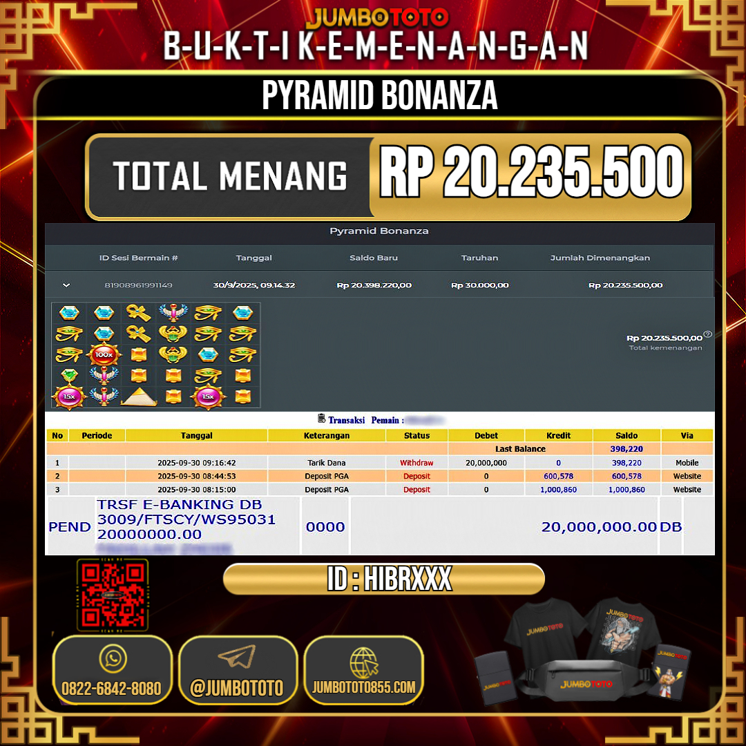 JUMBOTOTO JACKPOT SLOT PYRAMID BONANZA Rp.20.235.500 LUNAS USER ID : HIBR***