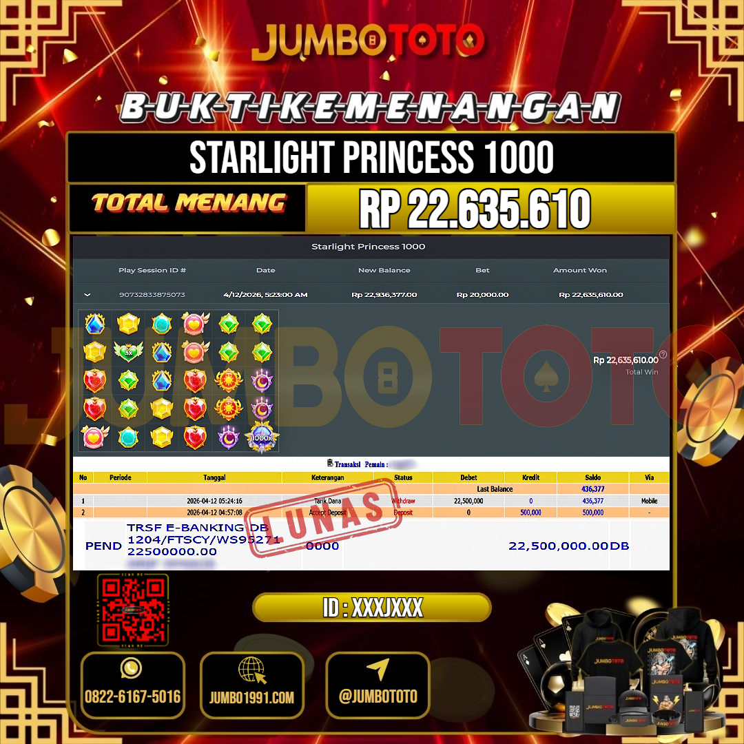 JUMBOTOTO JACKPOT SLOT STARLIGHT PRINCESS 1000 Rp.22.635.610 LUNAS USER ID : XXXJ***